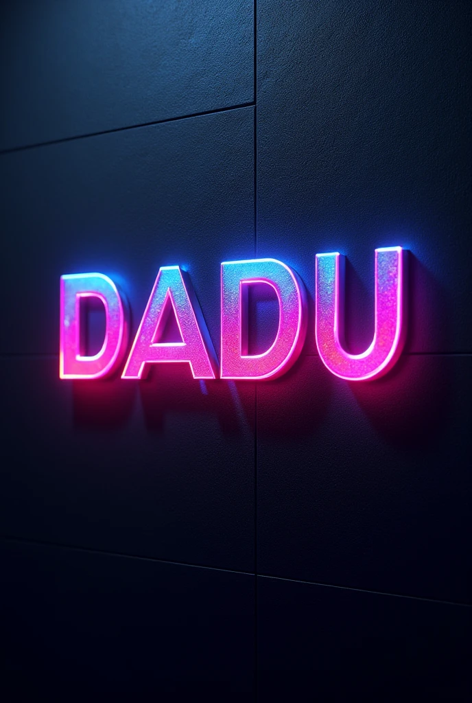 "DADU"  gaming Logo name on black textured wall.  name in RGB lights color