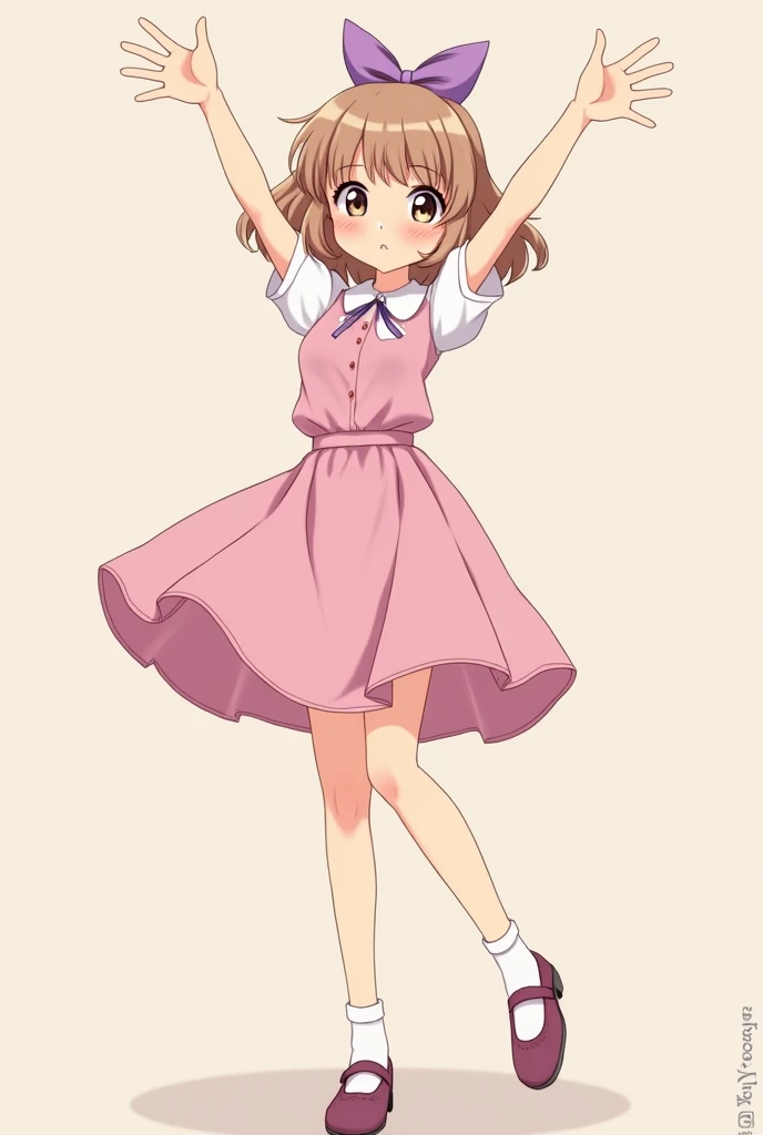 cute anime girl with shoulder length, slightly wavy light brown hair, late s, purple bow in hair, wearing a 1950s-styled sleeveless pink dress with peter pan collars and hemline above the knees, also wearing a pair of mary jane shoes and socks. no sleeves, raising arms, exposed armpits.