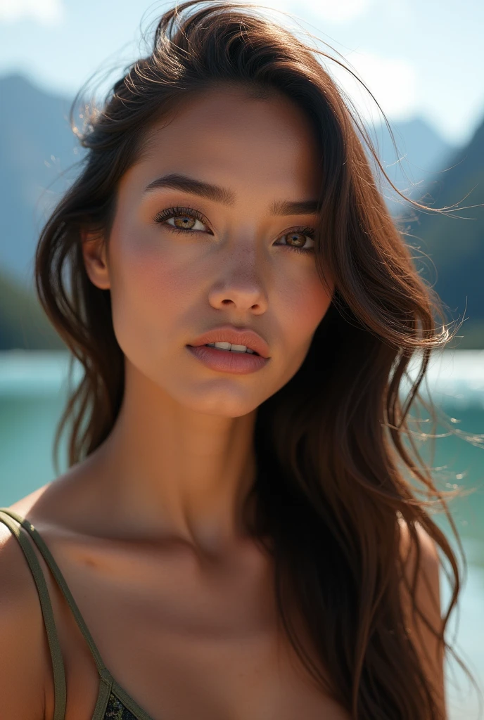 (best quality)), ((head of'artwork)), (detailed), (Margot Robbie:0.5), (claudia schiffer:0.5), 25 Year Old Woman, visage parfait, face only, souriant, visage parfait, instagram model, silky brown hair, hair blown away by the wind, no bangs on hair, Hyper realistic and detailed photo of one tanned fit yeux marron, (Maquillage pour les yeux:1.1), (highly detailed skin:1.1), BRUT, analog style, sharpness, 8k uh, DSLR, high quality, Fujifilm XT3, Grain, prime, head of'artwork. lake by the mountains, fully clothed