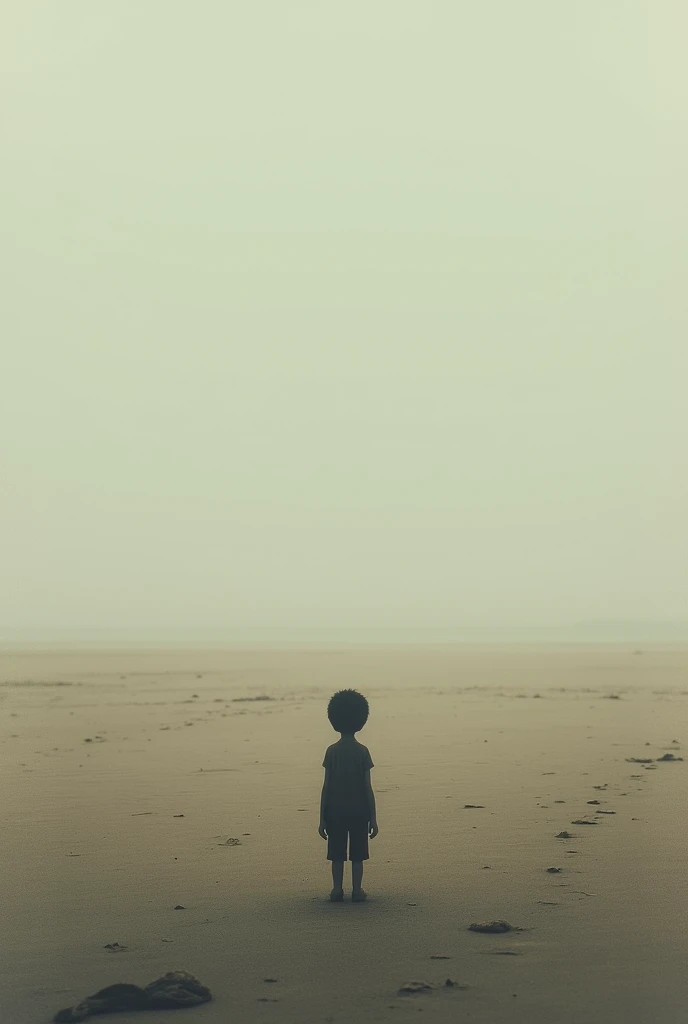 A lone figure standing at the edge of a deserted beach, with a vast empty space behind them. The figure is small, emphasizing their isolation.