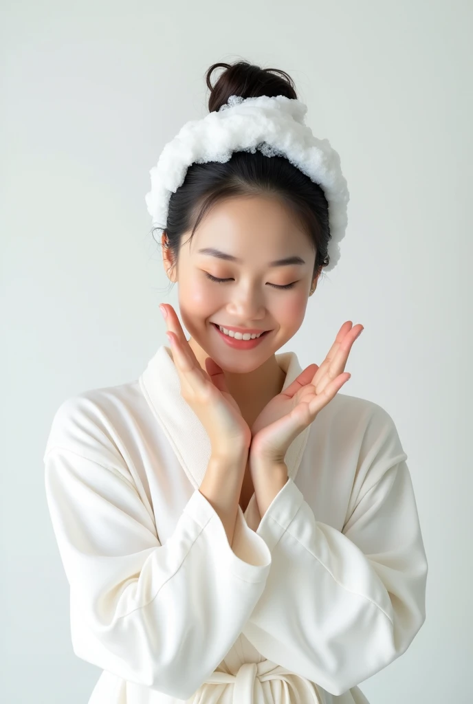 Create an Asian middle-aged beauty,Wearing a white satin bathrobe,Scratching the scalp with both hands,Two hands washing hair on top of head,There is a lot of foam on the head,Foam wrap head,Realistic foam,The expression is happy,Upper Body,The characters are realistic and realistic,Pure white background,Character front position,9:16 frames,Ultra-high-definition picture quality
