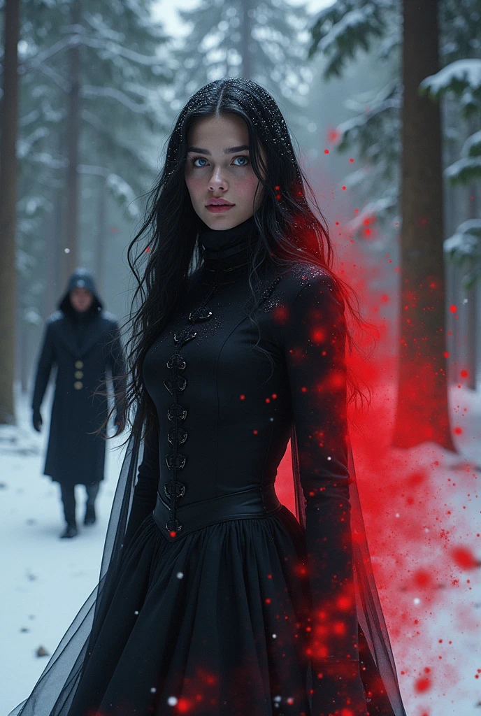 Generate an image of a young woman, long wavy black hair, black high neck dress, blue eyes, Red lips, red energy coming out of it, in a snowy pine forest, Muscular young man, With a suit, medium black hair, In the background a hooded man dressed in black with his face covered