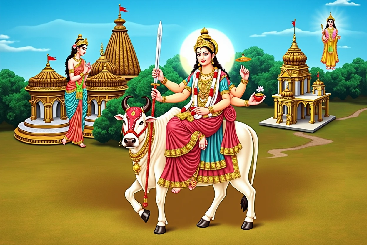 Create a hyper-realistic, photorealistic, and divinely glowing image of Goddess Umiya seated gracefully on her Vahana, a pure white cow. She should be depicted with a radiant aura surrounding her, symbolizing her divine presence. The Goddess should be adorned in a traditional, intricately designed red and gold sari with detailed jewelry, including bangles, a necklace, and a crown, reflecting her divinity. She holds a Trishul, sword, chakra, and lotus in her hands, symbolizing power, protection, and spirituality.

The background should feature a traditional rural Gujarati setting with temples, trees, and a calm, serene environment, highlighting the cultural essence. The temples should be adorned with intricate carvings and golden domes, surrounded by lush greenery. The sky should have a soft, glowing light that adds to the divine atmosphere, making the entire scene ethereal and spiritually uplifting. The attention to detail should include the texture of the cow's fur, the folds of the sari, and the intricate designs on the temples.

The overall composition should exude a sense of divine energy and peace, with every element meticulously crafted to enhance the realism and spiritual significance of the image