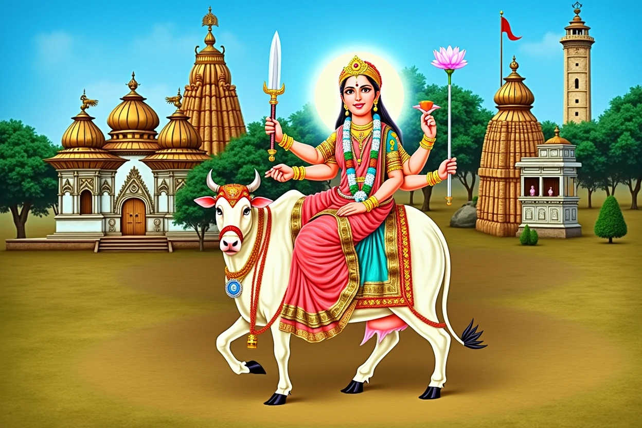 Create a hyper-realistic, photorealistic, and divinely glowing image of Goddess Umiya seated gracefully on her Vahana, a pure white cow. She should be depicted with a radiant aura surrounding her, symbolizing her divine presence. The Goddess should be adorned in a traditional, intricately designed red and gold sari with detailed jewelry, including bangles, a necklace, and a crown, reflecting her divinity. She holds a Trishul, sword, chakra, and lotus in her hands, symbolizing power, protection, and spirituality.

The background should feature a traditional rural Gujarati setting with temples, trees, and a calm, serene environment, highlighting the cultural essence. The temples should be adorned with intricate carvings and golden domes, surrounded by lush greenery. The sky should have a soft, glowing light that adds to the divine atmosphere, making the entire scene ethereal and spiritually uplifting. The attention to detail should include the texture of the cow's fur, the folds of the sari, and the intricate designs on the temples.

The overall composition should exude a sense of divine energy and peace, with every element meticulously crafted to enhance the realism and spiritual significance of the image