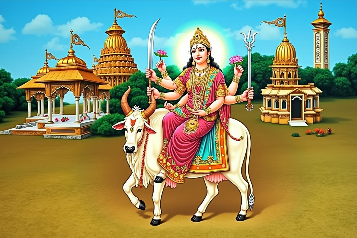 Create a hyper-realistic, photorealistic, and divinely glowing image of Goddess Umiya seated gracefully on her Vahana, a pure white cow. She should be depicted with a radiant aura surrounding her, symbolizing her divine presence. The Goddess should be adorned in a traditional, intricately designed red and gold sari with detailed jewelry, including bangles, a necklace, and a crown, reflecting her divinity. She holds a Trishul, sword, chakra, and lotus in her hands, symbolizing power, protection, and spirituality.

The background should feature a traditional rural Gujarati setting with temples, trees, and a calm, serene environment, highlighting the cultural essence. The temples should be adorned with intricate carvings and golden domes, surrounded by lush greenery. The sky should have a soft, glowing light that adds to the divine atmosphere, making the entire scene ethereal and spiritually uplifting. The attention to detail should include the texture of the cow's fur, the folds of the sari, and the intricate designs on the temples.

The overall composition should exude a sense of divine energy and peace, with every element meticulously crafted to enhance the realism and spiritual significance of the image