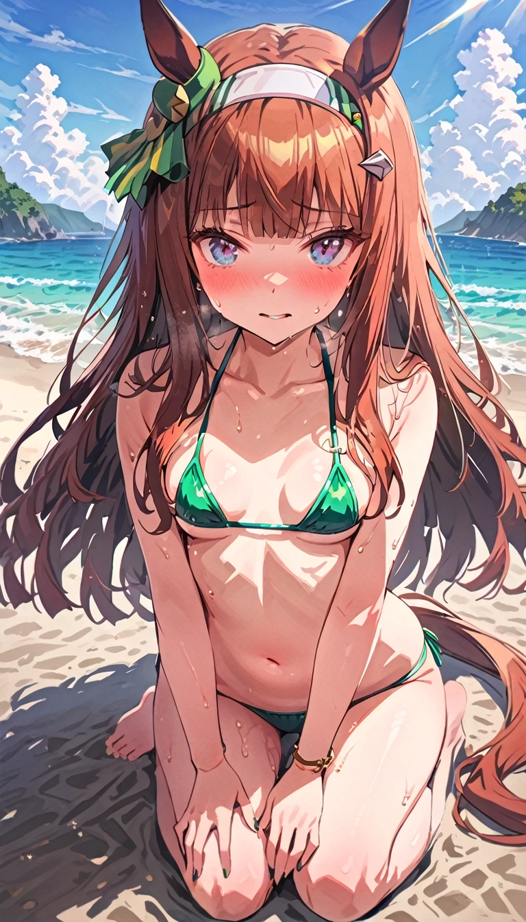 [[1girl, silence suzuka (umamusume), umamusume]],small breasts, solo, masterpiece, gleaming skin, super detailed skin, shiny hair, glamorous, embarrassed,steam,sweat,barefoot,micro bikini,beach,horse  tails,stand,open legs