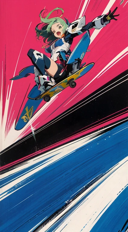 Sci-Fi style eureka anime illustration, rough and intense illustration of 1girl, jumping high in the sky on a mecha skateboard. The background depicts a mecha air-surfing high in the sky and a dynamic jump to the sky with elements of breakdancing. The images are dynamic and dynamic from below, using thick, exaggerated lines and brush strokes to emphasize the accelerated speed and mecha-gimmick-packed action. Pink-chan has medium-length pastel green hair