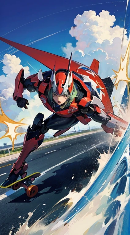 Sci-Fi style eureka anime illustration, rough and intense illustration of 1girl, jumping high in the sky on a mecha skateboard. The background depicts a mecha air-surfing high in the sky and a dynamic jump to the sky with elements of breakdancing. The images are dynamic and dynamic from below, using thick, exaggerated lines and brush strokes to emphasize the accelerated speed and mecha-gimmick-packed action. Pink-chan has medium-length pastel green hair