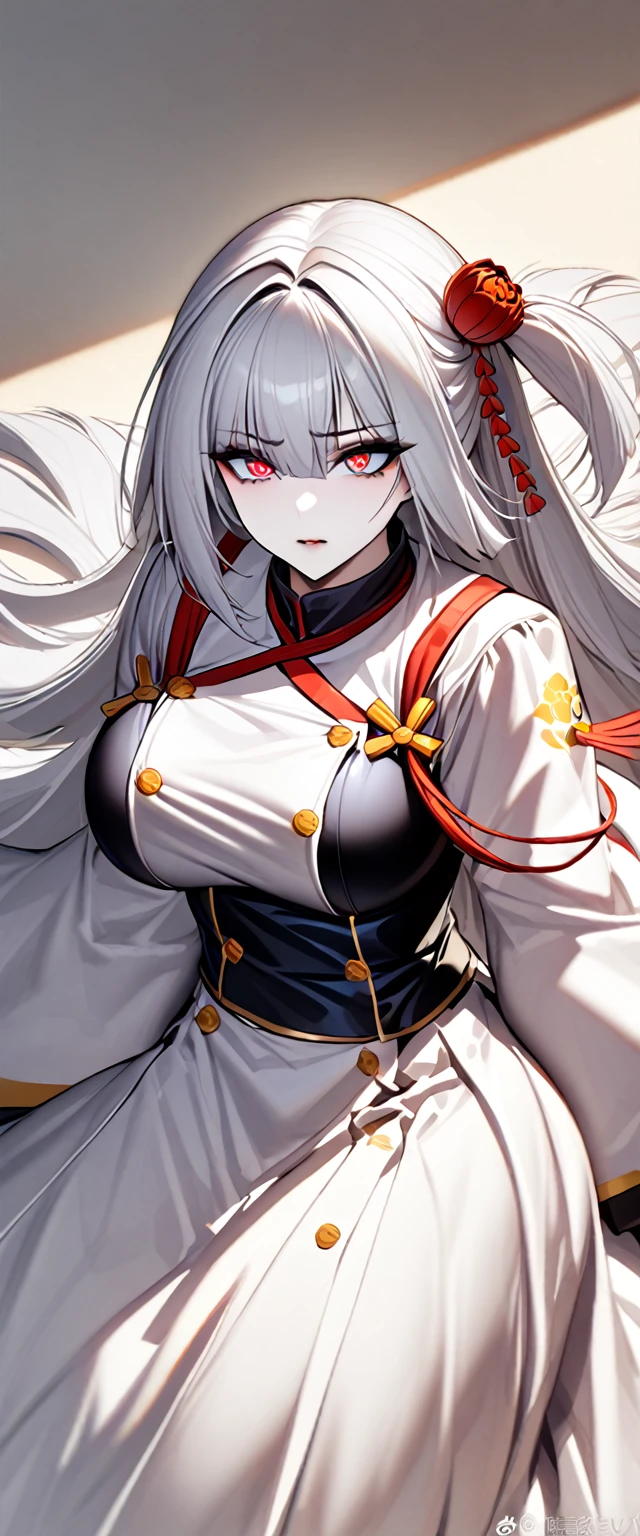 High detailed, kimtag, 1 girl, shoukaku, shoukaku \(azur lane\), pale hair, extremely large side-ponytail, pale skin, Red sclera, White eyes, busty, large buson, dark- Genetics's uniform, Juliet sleeves, long skirt, teared clothes, severe injured, eyes bleeding 