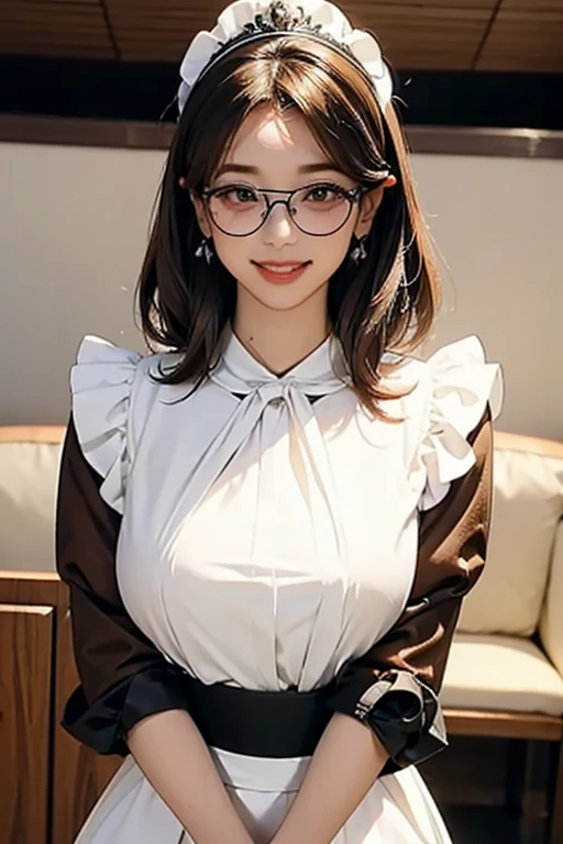 The woman, (European Citizenship: 1.2) In a black and white outfit posing for a photo, maiden! Dress, Anime Girl Cosplay, anime girl in a maid costume, The Magnificent Maiden, maid outfit, gigantic breasts, mature  female,(Face of the Goddess), (Elegant posture: 1.4), Elegant atmosphere, Noble atmosphere, (Milf: 1.6) (brown hair: 1.5), (glasses), (maidservant: 1.4), (Black and White Maid Outfit: 1.1), (Incredible beauty, High facial detail: 1.3),