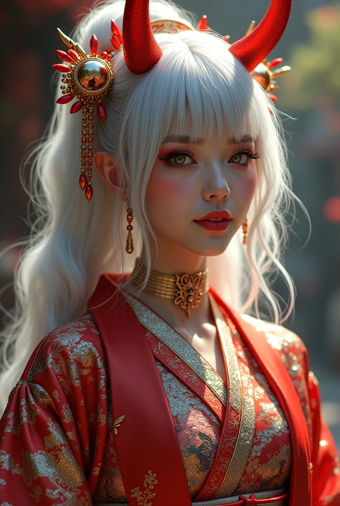 Elegant and flashy kimonos and accessories that appear in Japanese mythology。woman。Her hair is a flashy silver color。Gal Makeup。A foolish face。devil。