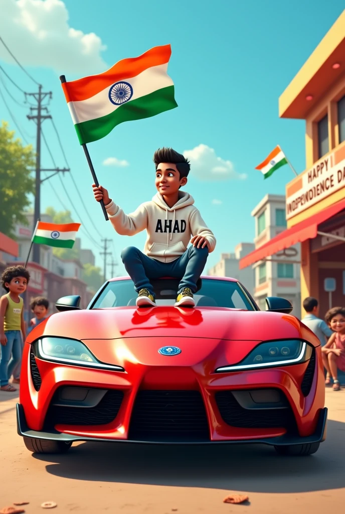 realistic Indian 18 year old boy sitting supra car
Holding Indian flag and celebrating India festival happy independence day with background of blue sky in Indian Street and boy wearing white hoodie with name”AHAD’ style hair on it by the way childrens are holding Indian flag playinga round, some children also playing, and someuncles drinking tea at a shop. also a text written “Happy independence day”at top, 3D art painting real photowith high resolution.”