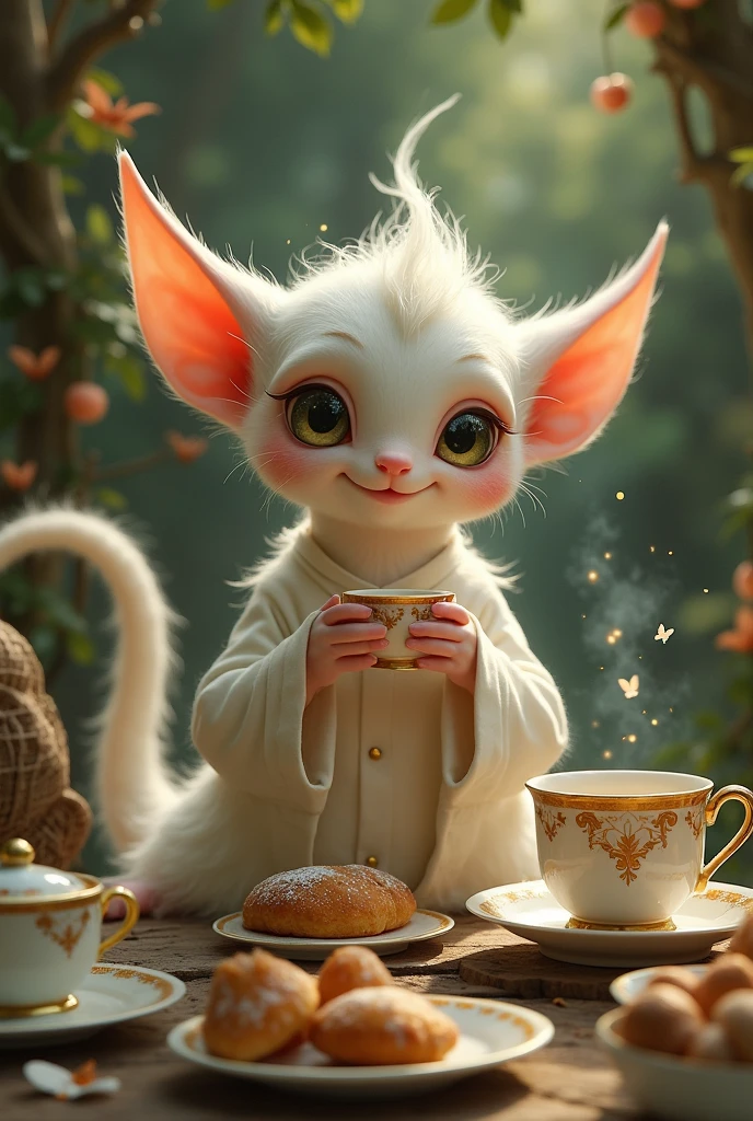 A cute mythical creature in the form of a humanoid who loves tea