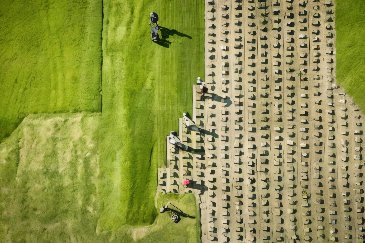 A group of people are working in the field., Removing turf,shot from above, seen from above, Viewed from directly above, photograph from above, photo from above, view from above, from above, looking down from above, viewed from above, photo taken from above, drone shot, High-altitude photography, Overhead shot,Rural,Removing turf的劳动,Ultra HD, high quality, Very detailed, Official Art, 8k wallpaper, Super Detail,RAW,