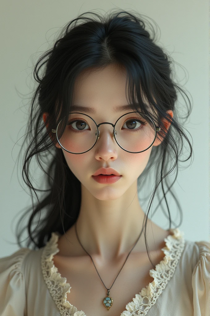 25 years old girl, big eyeglasses, thin ,long hairy, white