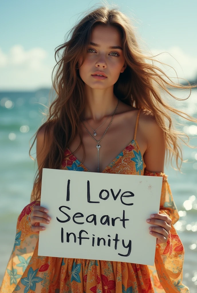 Beautiful girl with wavy long hair, bohemian dress, holding a white board with text "I Love Seaart Infinity" and showing it to the viewer nsfw