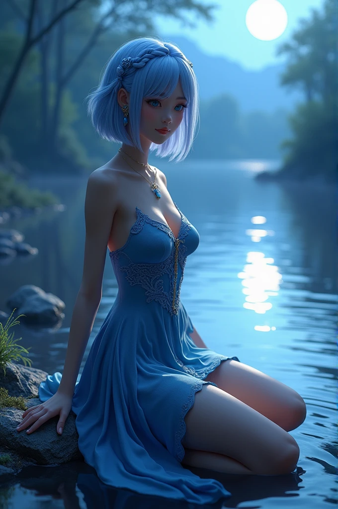 3d model, beautiful woman, Asian, wearing mage dress with half chest, short Bob hair with braid on the side, Light blue hair, sitting by the river at night in a fantasy world. Lapis lazuli blue eyes.