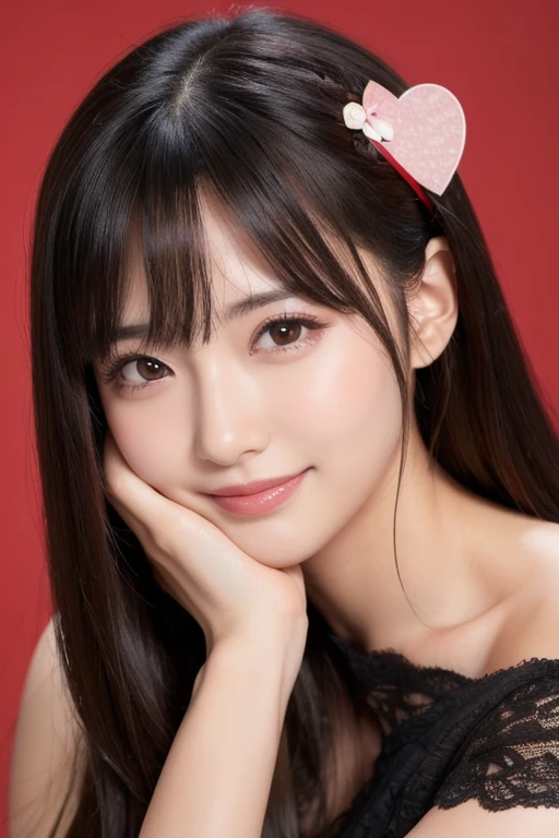 One person, 8k,Long Hair, smile, Big Breasts、Black Hair, Simple Background, High resolution, Highest quality, High-resolution model, High detail, Japanese、Valentine、Embarrassing、Give chocolate、Looking up.Embarrassing