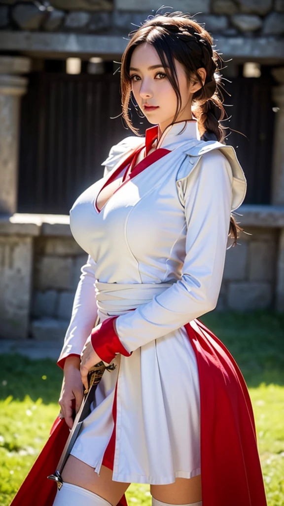 (16K, Highest quality:1.2)、masterpiece, Beautiful Knight, (Attractive American Model),(((maid服)))、(((maid)))、(((maid服の戦士)))、((( Red and white outfit)))、((Plate armor with attention to detail)), (((Big Breasts)))、(((Big Breasts)))、(Strong muscular body),(Powerful arms)、 (Light blonde hair), Braiding、Disheveled Hair、 (High fantasy battlefield environment), (Troops fighting in the background), (((Holding a sword))), (Knight's Sword)、 High resolution, (Skin Texture:1.1), Highest quality, 超High resolution, (Realistic: 1.4), RAW Photos, By Ellen von Unwerth, Nikon D850 film stock photos, 1 1 1.6 Lenses, Rich colors, Bokeh, Sharp focus, Realistic, Cinestill 800, Backlight, Rim Light, Strong sunlight, Realistic, Realistic Shadow, 3d, (Castle Background:1.2),Hair blowing in the wind、whole body、 (Ancient fantasy soldiers),(Ancient soldier armor),Combat Accessories,breastplate、((mini skirt))、((Knee-high boots))、Voluminous lips、((Big Breasts))、((Large Breasts))、Cleavage、((Perfect Face))、Big eyes、Delicate eyes、Armor that fits snugly to the body、Looking into the camera、belt、Armor with intricate patterns、Upper Body、knight armor、Delicate hands、mini skirt、Knee-high boots、