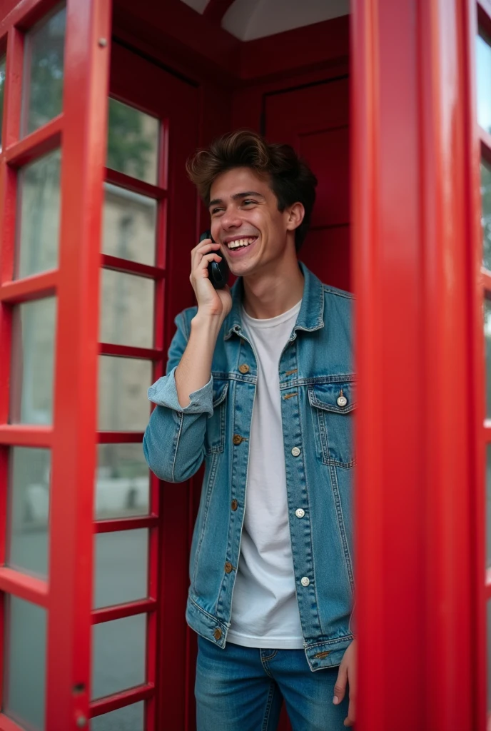 A male student happily making a phone call in a red telephone booth。Full Body。Shooting from an angle。