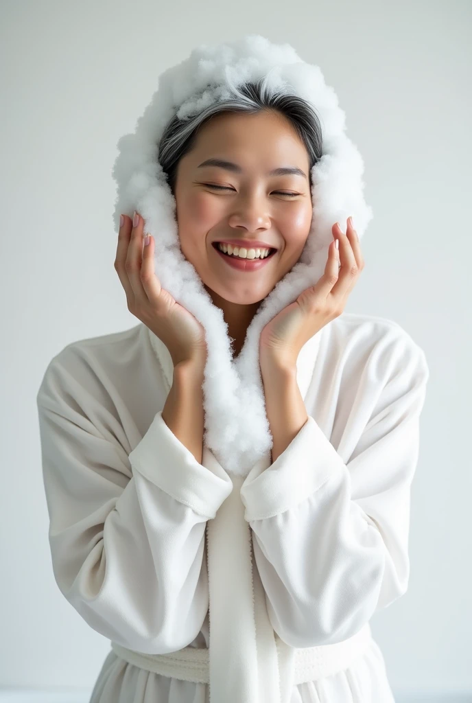 Create an Asian middle-aged beauty，Wearing a white satin bathrobe，Scratching the scalp with both hands，Two hands washing hair on top of head，There is a lot of foam and water on the head，Foam wrap head，Realistic foam，The expression is happy，Upper Body，The characters are realistic and realistic，Pure white background，Character front position，9:16 frames，Ultra-high-definition picture quality