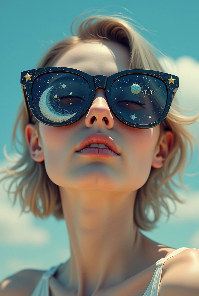 The model is wearing glass sunglasses with stars and the moon on the glass