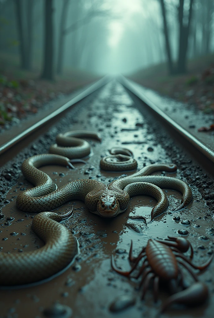 There is a ghosty, fantasy title "SOULMATE" written on a muddy ground. There is a snake and scorpion running on the ground. There is a little muddy storm in the atmosphere and there are prints of car tyre. A 3D, fantasy, adventure, realistic and aesthetic poster.