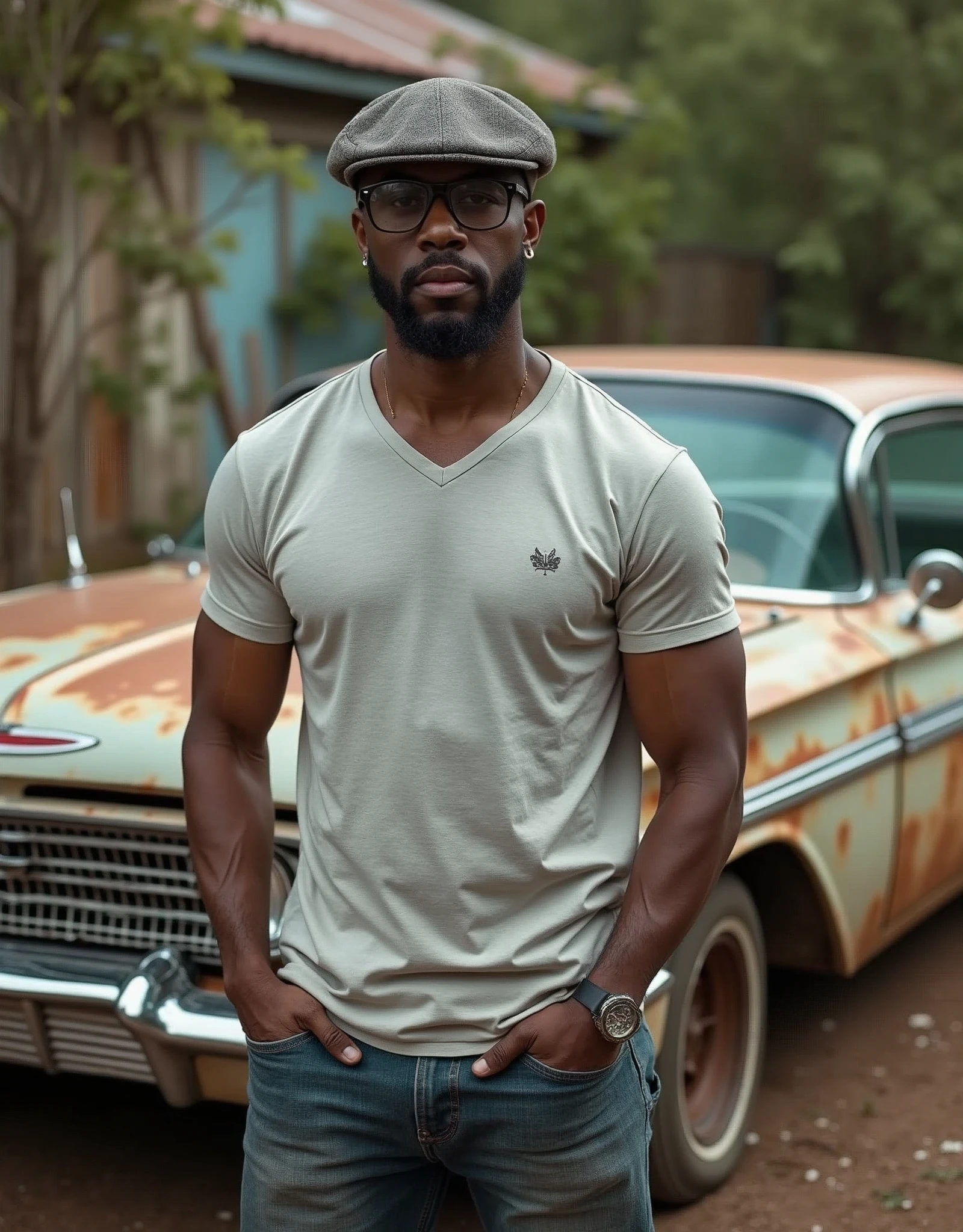 Masterpiece professional photograp of a fit and athletic and charismatic middle aged black american beside his iconic weatherd  1960 Impala SS, he wears casual t-shirt, newsboy cap, and glasses