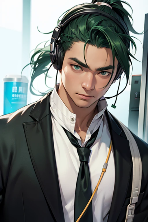 solo、White neckerchief around the neck、Man wearing headphones、Black suit、Green Haired Man、ponytail、With juice、