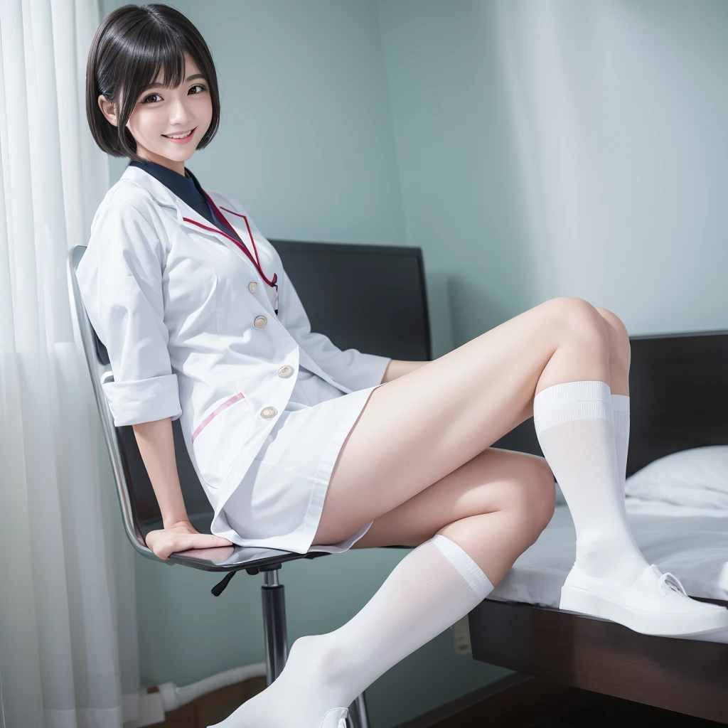 White knee-high socks、White nurse uniform、White pumps、Japanese、whole body、Black Hair、short hair、Standing posture、smile、One person、High resolution、Gaze、Anatomically correct、Highest quality、20-year-old
