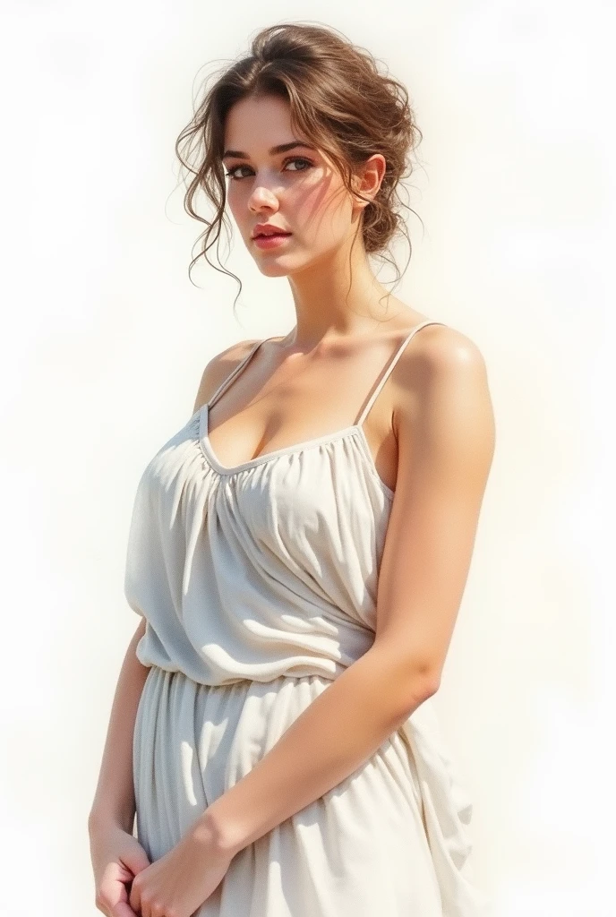 Watercolor drawing, blurred colors, Girl with big breasts, portrait, White background, full face, tunic, Ancient Greek beauty