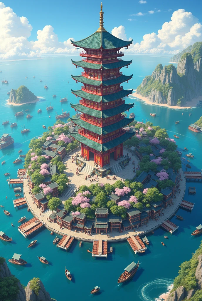 pagoda epic scale surrounded by shops asian chinese Japanese style in the ocean island surrounded by merchant boats docked, pagoda surrounded by japanese houses,  island with cherry blossom, festive aerial shot many boats island surrounded by wooden docks, many wooden boats, many wooden ports
