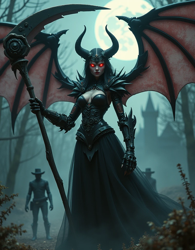 (a mechanical demon woman holding a scythe bigger than her body and pointing the blade at the camera:2.0), intricate robotic arms, intricate robotic legs, intricate mechanical body, intricate gears, wolf-like fangs, bull-like horns, large bat-like wings, a devil's tail, beautiful glowing red eyes, a black sheer dress, a beautiful and detailed face, an ideal figure, large breasts, a tiny waist, in the background a gothic castle surrounded by a moonlit forest, shots of cowboys,