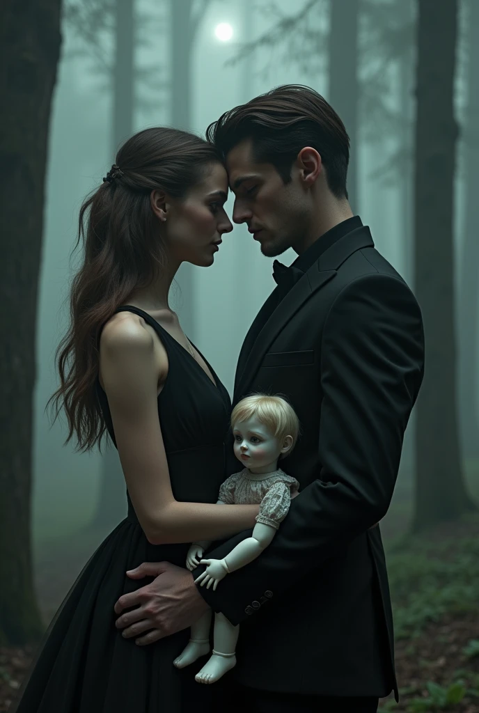 A young woman and a handsome young man wearing a black suit with the background of a in forest with a creepy masked man holding a girl doll