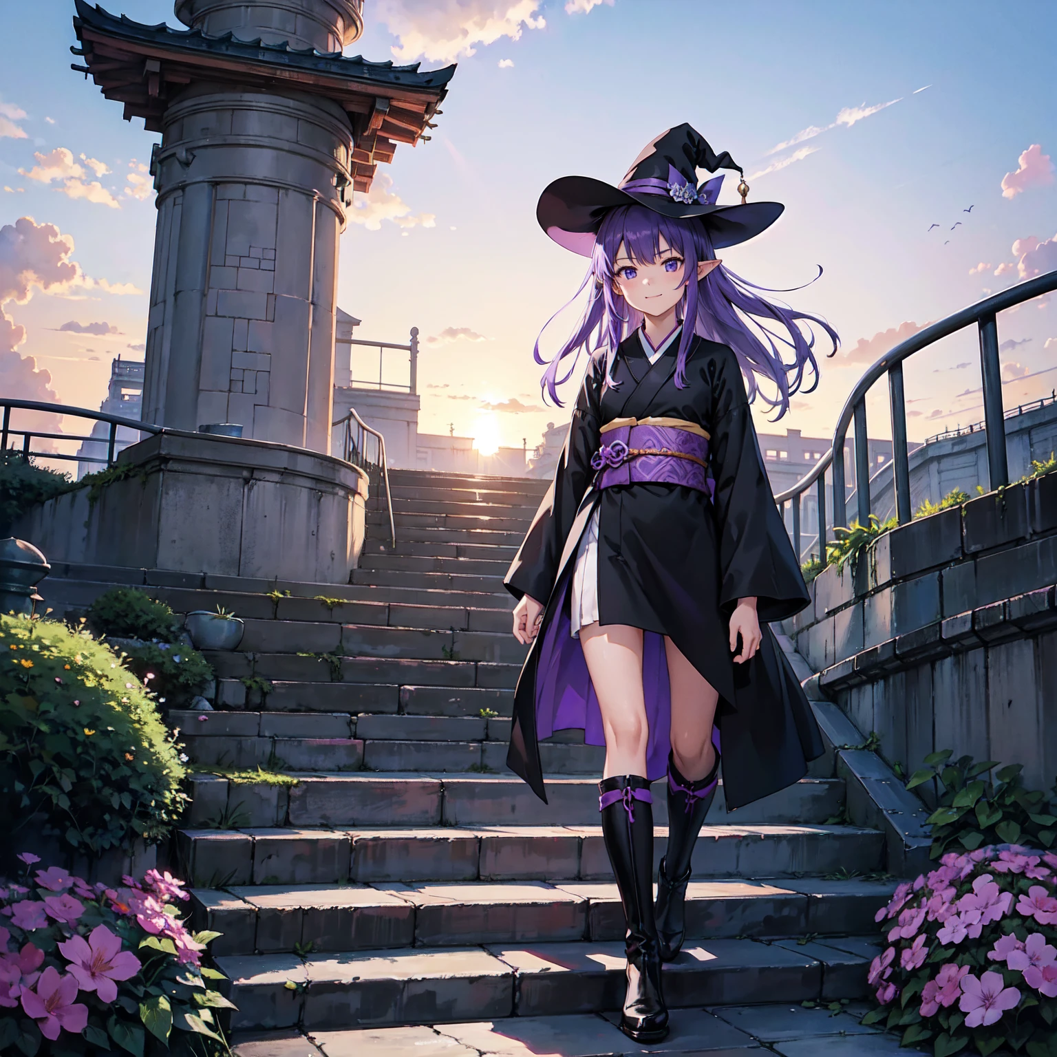 A girl with long violet-purple hair. A kind, full smile. Pointy elf ears. Her clothes are simple: a black robe with wide sleeves and a black miniskirt. Her knees are showing. There is a V-shaped white insert in the front, like a kimono. A witch's hat with purple ribbons on each side. Black boots. Background, bright painting, Makoto Shinkai, only endless stairs, long floating stairs, floating stairs in the air, stairs above clouds, illustration, nostalgic, vivid, above clouds, bright, fresh, sunset. A maze of connected stairs. A labyrinth of stairs. Not touching land. A simple iron staircase. Decaying old staircase. An overpass. An iron bridge. Simple staircase. No land.