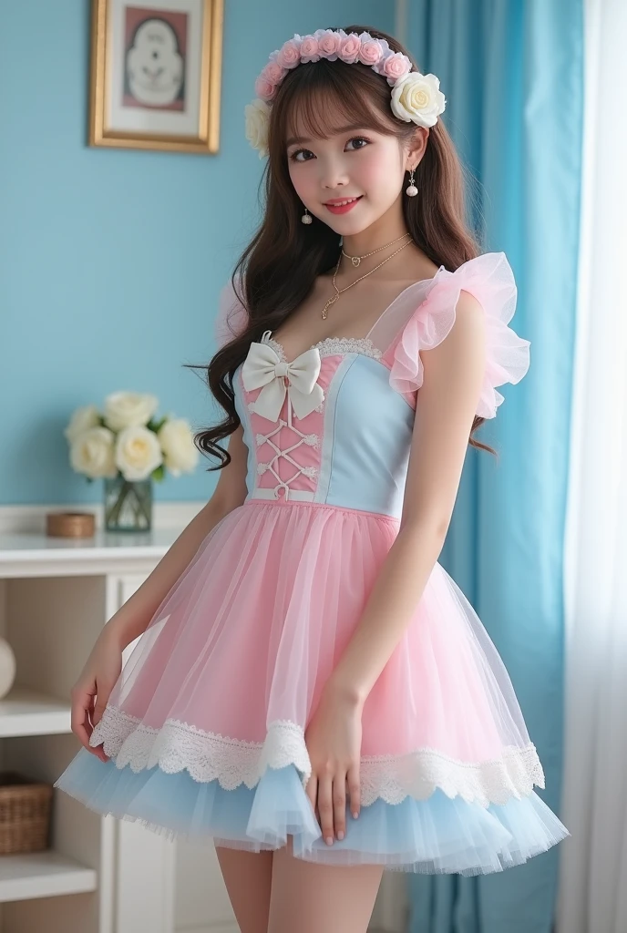 (Highest quality、Masterpiece、8k、Best image quality、Ultra-realism、Award-winning work)、25-year-old beautiful cute girl、(Single person:1.1)、(1 Figure:1.1)、(Cute, Girl, Light Pink and Light Blue Translucent Lolita Dress:1.2)、(Cute Girl's Big Ribbon:1.1)、(Cute and Elegant Hair Accessories:1.1)、(Perfect Lolita Dress with Attention to Details:1.2)、(Cute Dress with Ruffles and Ribbons:1.1)、(Cute Lolita Dress with Lace Decorations:1.1)、(Cute Girl's Wavy Hair:1.1)、(Low Length:1.1)、(Height: 140cm:1.1)、(Big Bust:1.5)、(Charming Body:1.5)、(Big Cleavage:1.5)、(White Rose:1.1)、(Cute Heart Symbol:1.1)、Cute, Full of Ruffles、(Cute Big Ribbon:1.1)、Highlight Your Figure、Slender Body、Stand Elegantly、(Pastel Color Elegant and Girly Lolita Room Background: 1.1)、(Fairytale Lolita room with attention to detail: 1.1)、(Lovely light blue wall decoration: 1.2)、(Lovely room with a girly atmosphere in pastel colors: 1.1)、(Lovely room with very bright and shiny pastel colors: 1.4)、(Very bright and shiny room: 1.2)、(Full of pastel colors: 1.2)、(Very bright and vivid: 1.4)、(Lovely pastel wall decoration: 1.2)、Blurred background、Stand gracefully、Precise anatomy、Perfect makeup、Long eyelashes、Glossy lips、Ultra HD glossy skin、(Ultra-high definition, bright and beautiful skin: 1.2)、(Very bright and glowing skin: 1.2)、Ultra HD glossy skin、Super clear beautiful teeth、Light brown and blonde hair、Light brown eyes,dynamic posing, sexy posing, fashion pose, modeling pose
,((full body)),(Cowboy shot)