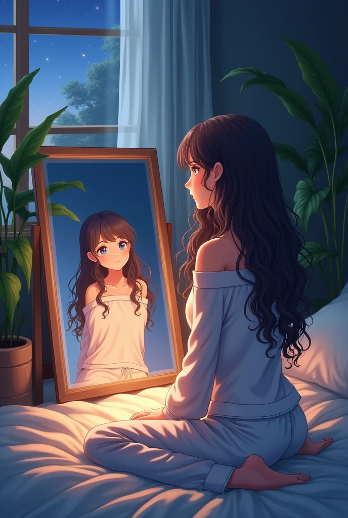 beautiful Anime woman, sitting on bed, wearing loose off-shoulder top, pajama pants, long curly hair, indoors, soft lighting, plants in background, window with night time, cozy room, relaxed pose,
Also she watching a mirror that reflect her face