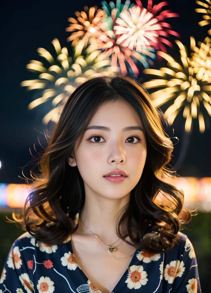 24year old beautiful girl、Beauty、Japanese、Beauty、beautiful girl、slim、Semi-long hair、Curly Perm Hair、Highest quality、Realistic、16K、panoramic、((Best Quality, 8k, Masterpiece: 1.3)),Looking for a kiss、Dark blue floral pattern yukata、firework、Looking for a kiss、Big fireworks in the night sky、One big firework high into the sky、Shooting from a distance