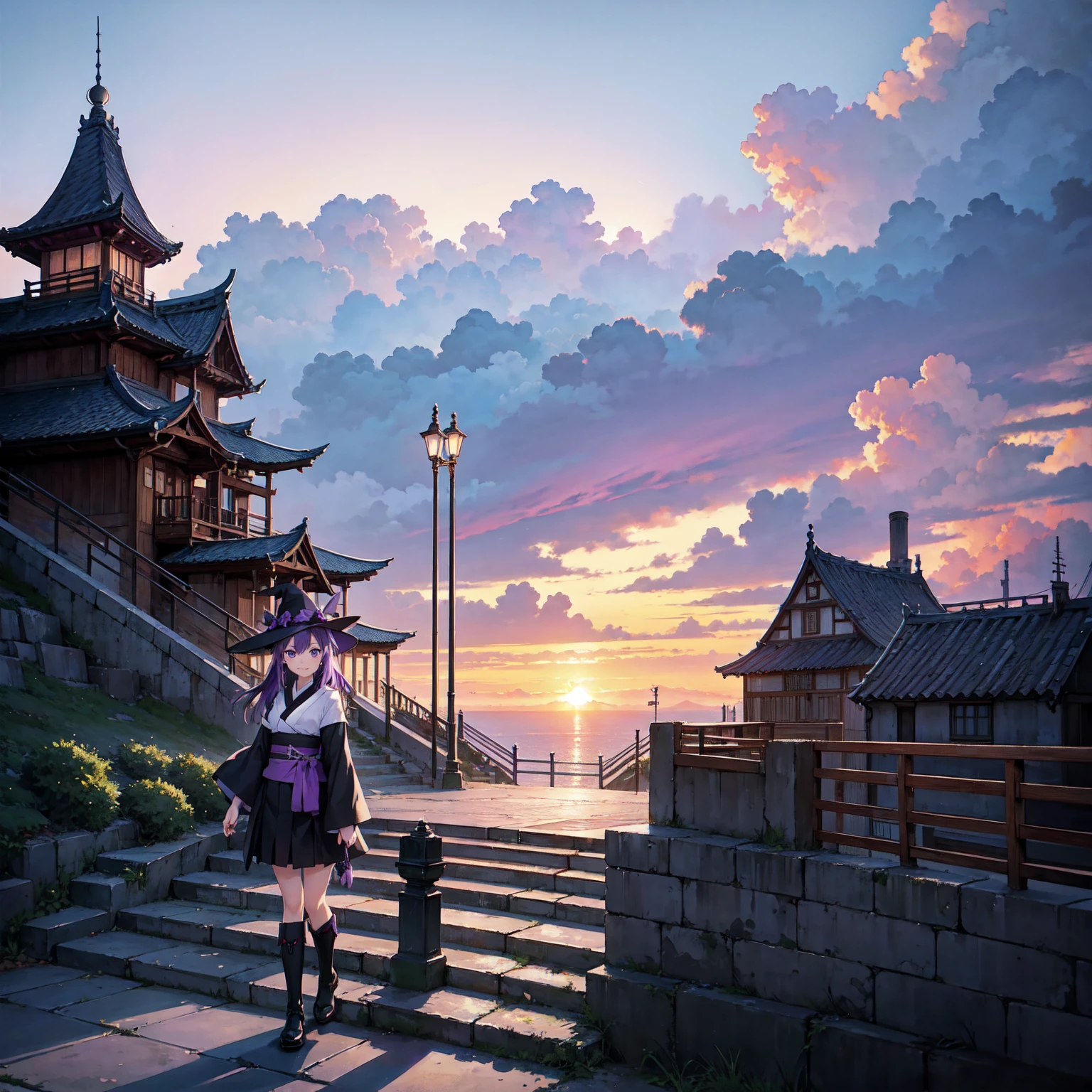 A girl with long violet-purple hair. A kind, full smile. Pointy elf ears. Her clothes are simple: a black robe with wide sleeves and a black miniskirt. Her knees are showing. There is a V-shaped white insert in the front, like a kimono. A witch's hat with purple ribbons on each side. Black boots. Background, bright painting, Makoto Shinkai, only endless stairs, long floating stairs, floating stairs in the air, stairs above clouds, illustration, nostalgic, vivid, above clouds, bright, fresh, sunset. A maze of connected stairs. A labyrinth of stairs. Not touching land. A simple iron staircase. Decaying old staircase. An overpass. An iron bridge. Simple staircase. No land.