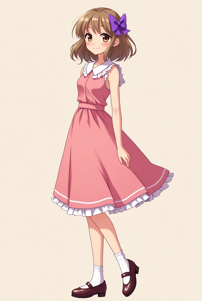 cute anime girl with shoulder length, slightly wavy light brown hair, around her late teens, purple bow in hair, wearing a 1950s-styled sleeveless, pink dress with peter pan collars and hemline above the knees, mary jane shoes with white socks.