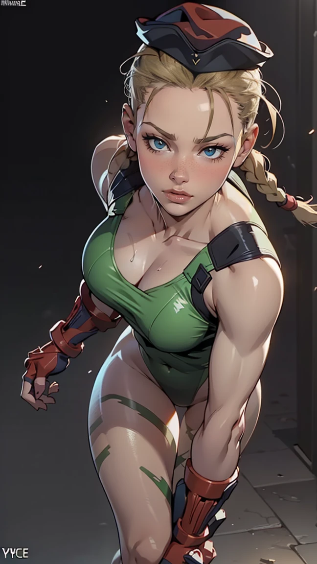 hyper-realistic super detailed sexy Cammy white , Very detailed, sexy facial expressions, seductive facial expressions, [:(Facial detail: 1.4): 0.4], 16k resolution, 4K resolution, dynamic lighting, High definition resolution, (hyper-realistic: 1.4),(contrasting background: 1.5), (hyper-realistice Armanatomie.), (Hyperrealistic leg anatomy.), (clean skin), (cinematic lighting: 1.7), (Defendant), (NVIDIA RTX Raytracing Technology), (hyper-realistice Armanatomie.: 2), (Perfect flat stomach), (Color image),  Cammy white  ,old, Neckline, blush, medium old, open Type, throw Typeway, opening Type, Type, Typeway, Hits, look at the viewer, Collarbone, phone, Only focus, inTypes, Sweat, throw, not good, cellphone,Cammy white , twin braids, through the wide, by rubio, Antenna hair, Killed, (red Hats:1.3), blue eyes, Scar on the cheek, Green leotard, large old, sleeveless, Red gloves, fingerless Gloves, Camouflage,