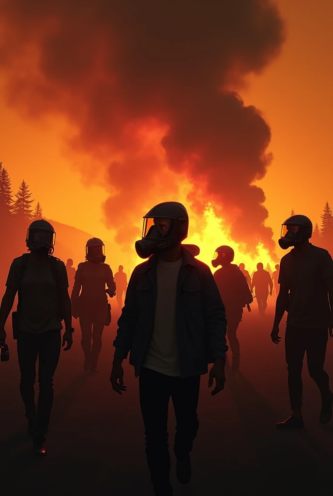 Create several people wearing smoke masks, and behind them a very large wildfire.