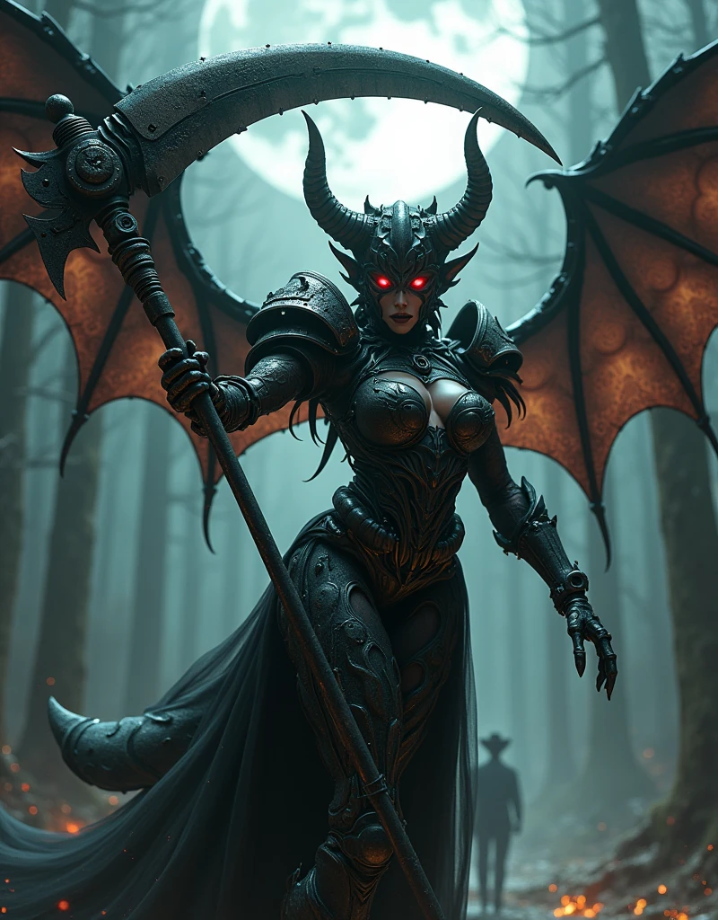 (a mechanical demon woman holding a scythe bigger than her body and pointing the blade at the camera:2.0), intricate robotic arms, intricate robotic legs, intricate mechanical body, intricate gears, wolf-like fangs, bull-like horns, large bat-like wings, a devil's tail, beautiful glowing red eyes, a black sheer dress, a beautiful and detailed face, an ideal figure, large breasts, a tiny waist, in the background a gothic castle surrounded by a moonlit forest, shots of cowboys,