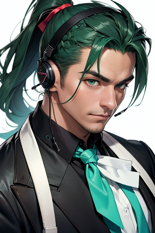 With juice、White neckerchief around the neck、Man wearing headphones、Black suit、Green Haired Man、ponytail、