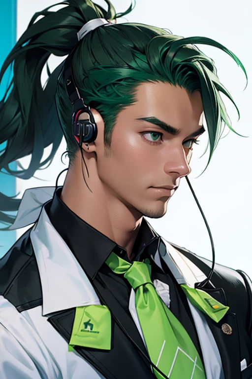 With juice、White neckerchief around the neck、Man wearing headphones、Black suit、Green Haired Man、ponytail、