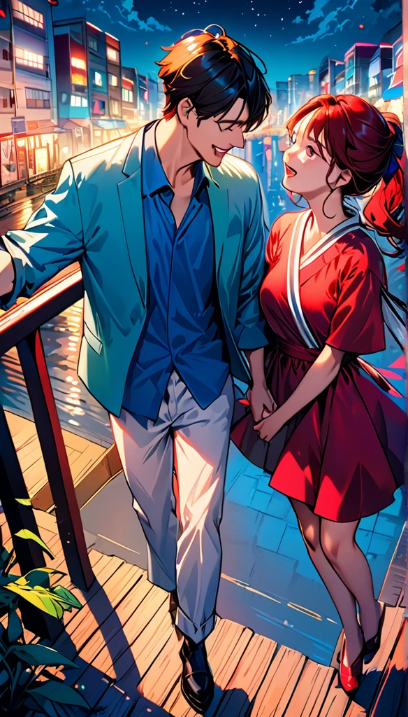 (Highest quality,Very detailed,Realistic:1.37),humor,Comic book style,Bold,Vibrant colors, Close to cool colors,Desaturate,Beautiful night view, A girl and a boy, Fun couple, Laughter, floating love,