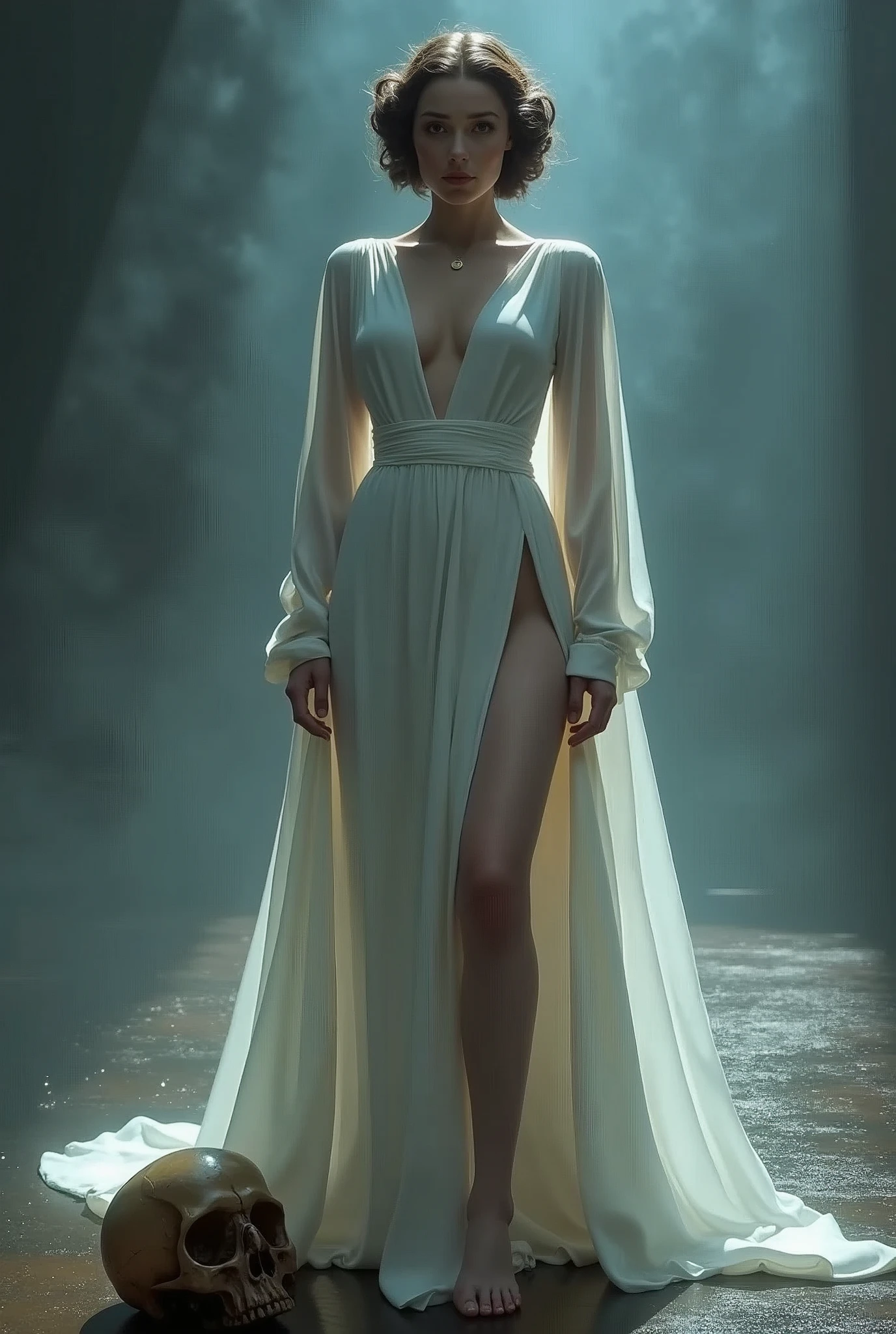 (((Princesse Laia))) ((Star Wars)) (((Her classic white dress)))((There is a skull on the floor)) ((beautiful)(((Huge tits))) 8K,((whole body))(((Amazing breasts)))hot, beautiful,((Honey)),(((HD color))) ((8K)), Everything is surreal，Just like Unreal Engine ray-traced rendering ((Hyper-realistic humanistic style)),(((Sky dark background))). Everything is surreal，Just like Unreal Engine ray-traced rendering estilo humano realista ,(((Sky dark background)))., Soft lighting, Thoughtful and exquisite details, Sharp focus, Intricate details, rewarded photography, Small spotlight, Low contrast, High Definition, Facial symmetry, Depth of Field, Movie Background, Unreal Engine Rendering, Center Image, Like a dream, Soft lighting, close, imagen de whole body ,whole body,((plump)),((Shapely legs)) 完美屁股 ecchi whole body