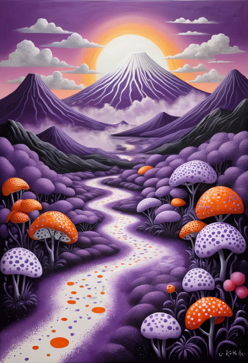 A painting，Inspired by Yayoi Kusama：(((Chalk painting，Oil stick painting，Volume，Thick coating，Uneven texture，Plaster texture，Graffiti，Dot)))。(a volcano erupts。White smoke。), Bright colors, Purple和, cute的, Bright colors，cute, Lavender Color and Color Schemes, 和Purple的配色方案,  Beautiful Art,  Purple, Whimsical Art, 和Purple色调,  Close together,, spring, Inspired by Tomokazu Matsuyama, Delightful