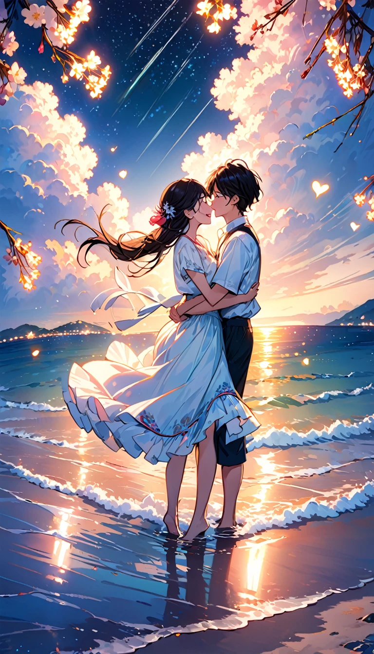 (Highest quality、Very detailed、Real:1.37)、humor、Seaside、night、Starry Sky、Manga style、Desaturate、and、Fun couple、Laughter、Floating Love、