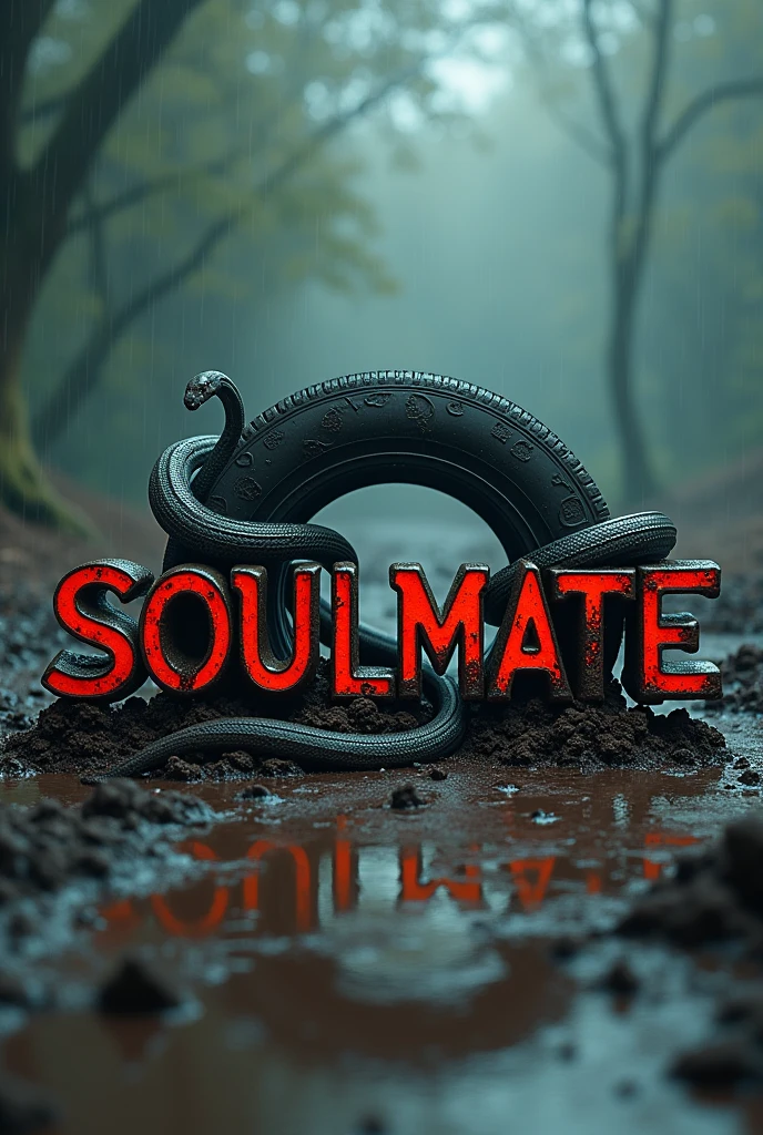 There is a ghosty, fantasy title "SOULMATE" written on a muddy ground. There is a snake and scorpion running over the title and There is a little muddy storm in the atmosphere but there is a print of a car tyre behid the title. A 3D, fantasy, adventure, realistic and aesthetic poster.